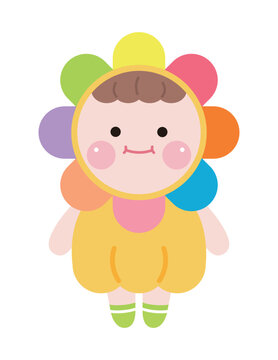 Illustration of kids characters with cute and smiling expressions. The character is wearing a flower-shaped hat.