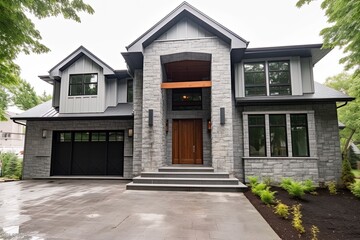 Obraz premium Contemporary Architecture Meets Elegant Design in Gorgeous New Property with Three-Car Garage and Natural Stone Features, generative AI