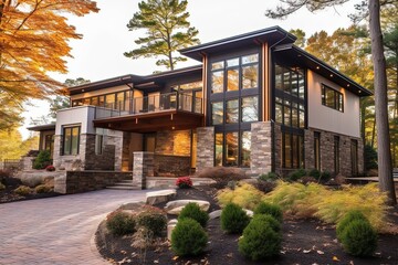Contemporary Luxury: Brand New Property with Three-Car Garage, Burgundy Siding, and Natural Stone Accents, generative AI