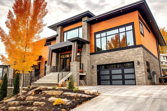 Contemporary Architecture Meets Elegant Design: Brand New Property with Natural Stone Features and Three-Car Garage in Orange Siding, generative AI