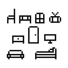 this is a furnitue set icon in pixel art with black color and white background ,this item good for presentations,stickers, icons, t shirt design,game asset,logo and your project.