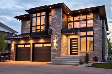 Avant-garde Design and Stunning Bronze Siding Accent This Freshly Built Home with Natural Stone Embellishments and Double Garage, generative AI