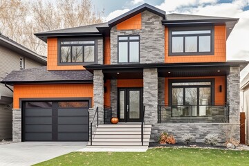 Avant-Garde Design: Stunning Fresh Construction Residence Featuring Double Garage and Natural Stone Embellishments with Striking Orange Siding, generative AI