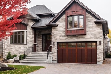 Avant-garde Design & Double Garage: Stunning Fresh Residence with Burgundy Siding and Natural Stone Embellishments, generative AI