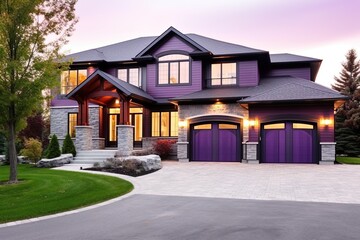 Avant-Garde Double Garage Residence with Purple Siding and Natural Stone Embellishments, generative AI