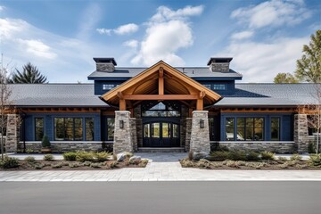 Avant-Garde Luxe Property with Three-Car Garage and Dark Blue Siding Adorned with Natural Stone Pillars, generative AI