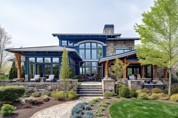 Avant-garde Layout and Luxe Features: Exquisite Three-Car Garage and Natural Stone Pillars Complement Navy Blue Siding, generative AI