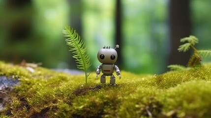 A small robot standing on a lush mossy ground. Generative ai