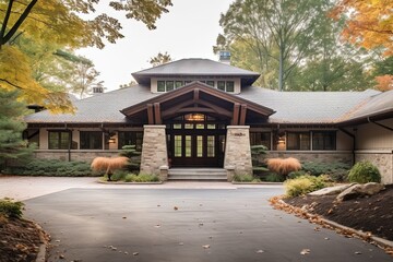Fototapeta premium New High-End Property with Sleek Design, Three-Car Garage, Beige Siding and Natural Stone Pillars, generative AI