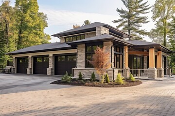 Avant-Garde Layout and Luxe Amenities of a Newly Built Property Featuring a Three-Car Garage, Beige Siding, and Natural Stone Pillars, generative AI