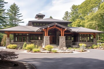 Obraz premium Coral Siding and Natural Stone combine in Avant-Garde Luxe Property with Three-Car Garage, generative AI