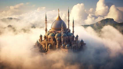 Beautiful white mosque at the white cloud. Flying mosque. Celebrate islamic moslem new year