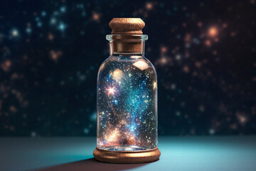 Magic in a Glass Bottle. Simulated Starry Sky. Unveiling the Unreal Universe, Galaxy of Stars, Glimpse of Milky Way, Astronomy Magic, Cosmic Fantasy in Space, Science. Generative AI