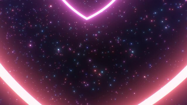 Flying Through Twisty Heart Neon Glow Tunnel With Sparkling Stars - 4K Seamless VJ Loop Motion Background Animation