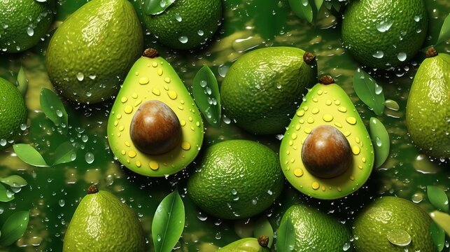 Abstract fresh avocado seamless background adorned with glistening droplets of water. Generative ai