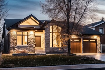 Fototapeta na wymiar Cutting-edge Features and Natural Stone Cladding Complement Prestigious Newly Developed Home with a Single Car Garage and Beige Siding, generative AI