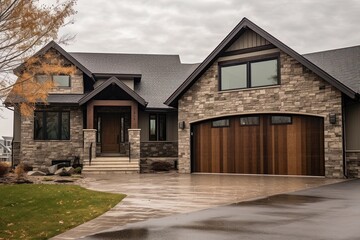Fototapeta na wymiar Double Garage & Innovative Architecture: A Timeless New Dwelling Combining Natural Stone and Brown Siding Elements, generative AI