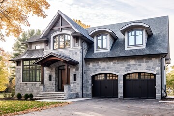 Fototapeta na wymiar Innovative Architecture and Natural Stone Elements Accent Timeless New Construction with Double Garage and Light Blue Siding Color, generative AI
