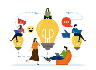 Fototapeta premium business meeting and brainstorming, business concept for teamwork, looking for new solutions, little people sitting on light bulbs looking for ideas, vector flat illustration.