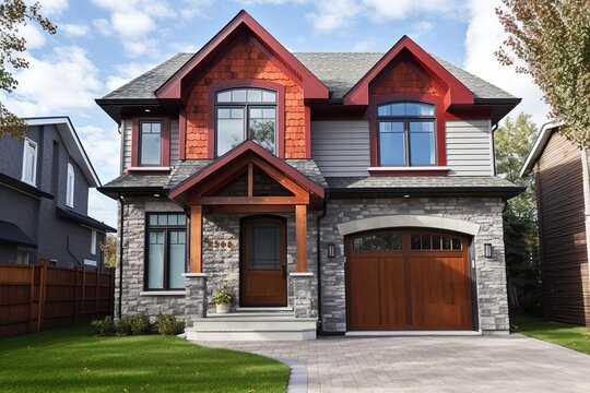 Cutting-Edge Features and Natural Stone Cladding: A Look at a Prestigious Newly Developed Home with Red Siding and a Single Car Garage, generative AI