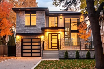 Cutting-Edge Features and Natural Stone Cladding Define Prestigious New Home with Bronze Siding and Single Car Garage, generative AI