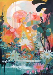 Beautiful Gouache painting, stylish and modern colours, floral and natural shapes, drips of wet paint, perfect for magazine feature illustration and background for a design or product.