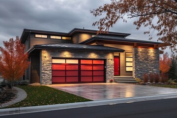 Modern Styling Meets Refined Freshness in Two-Car Garage Home with Red Siding and Natural Stone Walls, generative AI