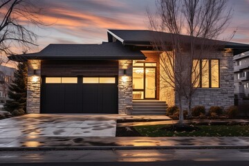 Fototapeta na wymiar Modern Two-Car Garage Residence with Light Gray Siding and Natural Stone Walls, generative AI