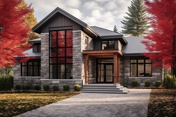 Modern Styling meets Refined Fresh Development: A Two-Car Garage Residence with Red Siding and Natural Stone Walls, generative AI
