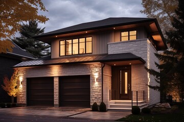 Modern Development Residence: Refined Styling, 2-Car Garage, Brown Siding, and Natural Stone Walls, generative AI