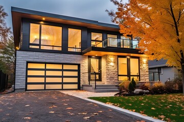 Modern Styling in Sublime New House with Single Car Garage, Gray Siding, and Natural Stone Entrance, generative AI