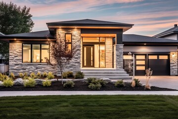 Fototapeta premium Modern Styling and Natural Stone Entrance Complement Sublime New House with Light Gray Siding and Single Car Garage, generative AI