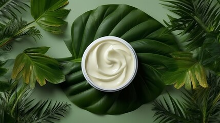 Jar with skin care cream among green leaves. Mockup of organic natural ingredients beauty product on plants background. Generative ai