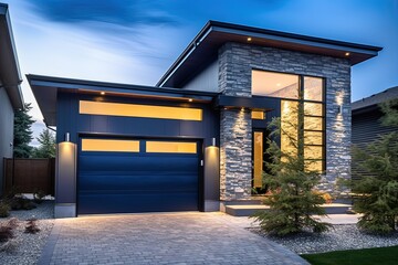 Modern Sublime House with Single Garage and Natural Stone Entrance Accented by Navy Blue Siding, generative AI