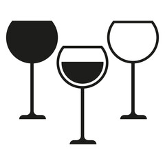 wine glass icon. Full, half full, empty wine glasses. Vector illustration.