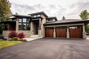 Cutting-Edge Aesthetic in Modern New Build Home with Double Garage, Natural Stone Details & Brown Siding, generative AI