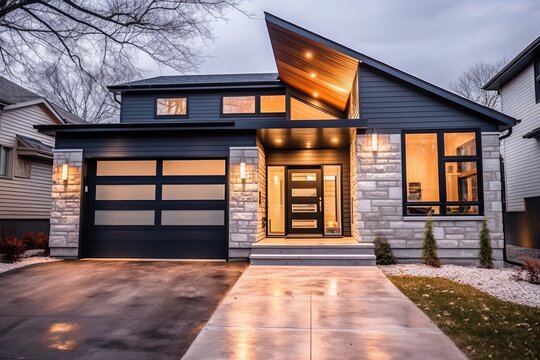 Modern Styling and Natural Stone Entrance: A Stunning Sublime New House with Navy Blue Siding and Single-Car Garage, generative AI
