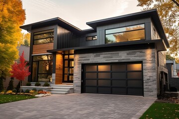 Cutting-Edge Aesthetic: Stunning Newly Built Modern Home with 2-Car Garage, Dark Green Siding, and Natural Stone Details, generative AI