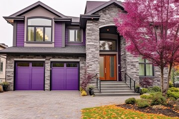 Modern Styling Meets Unique Design: A Sublime New House with Single Car Garage, Natural Stone Entrance, and Inviting Purple Siding, generative AI
