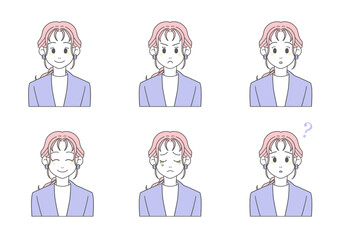 スーツの女性　表情セット（バストアップ・ピンク×ブルー・ベクター）