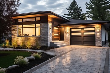 Modern Styling and Natural Stone Entrance Highlight the Sublime Charm of White Sided House with Single Car Garage, generative AI