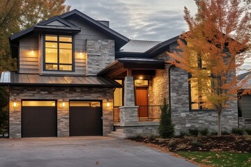 Fototapeta na wymiar Cutting-Edge Aesthetic: Modern Newly Built Home with Two-Car Garage, Light Gray Siding, and Striking Natural Stone Details, generative AI