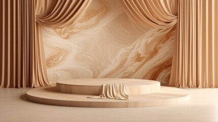 Fototapeta na wymiar Beige marble platform surrounded by silk curtains. Generative ai