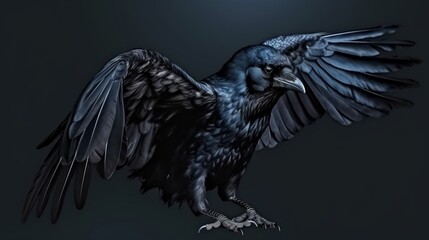 Black crow fantasy bird on black background. Generative ai