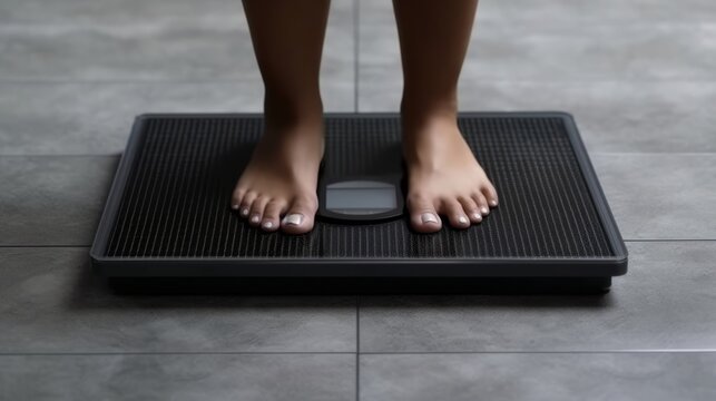 Black female feet stand on floor scales. Girl is weighed. Generative ai