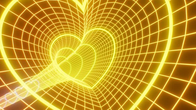 Flying Through Wireframe Grid Retro Neon Heart Shaped Glow 3D Tunnel - 4K Seamless VJ Loop Motion Background Animation