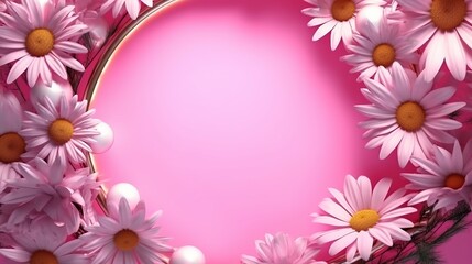 Chamomile flowers with pink neon frame around. Generative ai