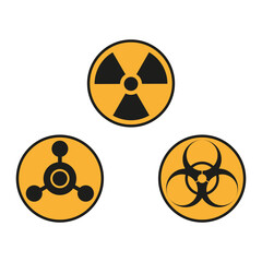 Warning signs, symbols. Danger, poison, biohazard, electricity, high voltage, chemical, waste, radioactive, explosion, bomb, flame, virus, toxic, icon set. Vector illustration.