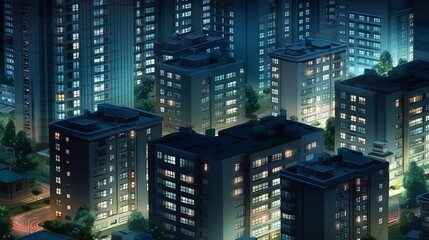 Fototapeta na wymiar City night landscape. Residential high-rise buildings. Generative ai