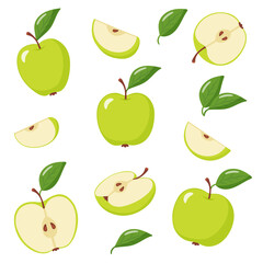 set of green apples with leaves